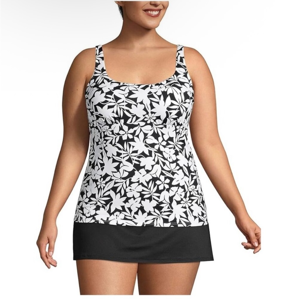 Land's End Square Neck Underwire Tankini Swimsuit Top Black Havana Floral